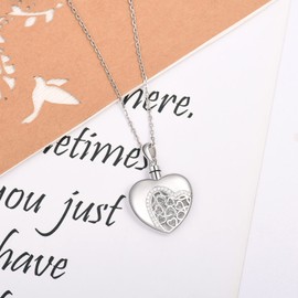 925 Sterling Silver Heart Urn Necklace Simple Blank Always in My Heart Ashes Cremation Jewelry Memorial Keepsake Pendant with Funnel Kit(Hollow with CZ)