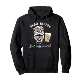 Skull Dead Inside But Caffeinated Skeleton Messy Bun Leopard Pullover Hoodie