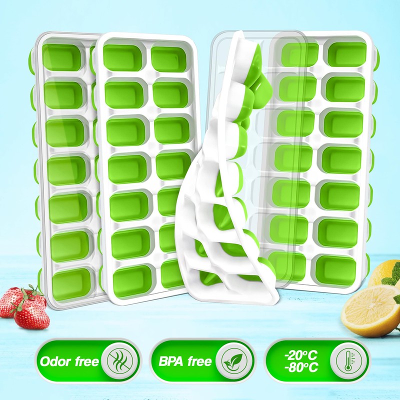 Ice Cube Tray with Lid and Bin, 4 Pack Premium