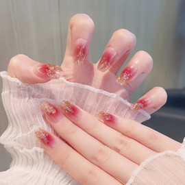 CATKIN 24PCS Short False Nails with Glue Stickers, Press on Nails no Glue for Women Girls Medium Square Decoration Fake Nails