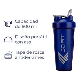 SCIFIT | Shaker mezclador de proteína | 600 ml | Tapa hermética para evitar derrames | Diseño portátil para tus suplementos favoritos | Libre de BPA | Incluye mezcladora de acero inoxidable