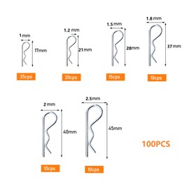 Stainless Steel Cotter Pin Set R, Pack of 100 Clips, Cotter Pins Assortment Kit, Spring Pins R Clips, Galvanised R Clips, R-Type Spring Cotter Pins, 304 Stainless Steel Spring Cotter, R Clips, 6 Sizes
