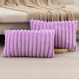 ZLINA Set of 2 Faux Fur Plush Decorative Throw Pillow Covers Fluffy Striped Pillowcase Cushion Covers for Sofa Couch Bedroom Living Room (12 x 20-Inch, Light Purple)