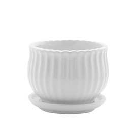 Napco Imports Timeless Ribbed Scalloped Design 2.75 x 3.5 Inch Classic White Ceramic Indoor Planter Pot with Attached Saucer