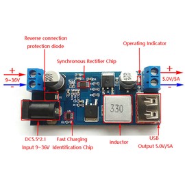 tunghey 2Pack DC 9V 12V 24V to DC 5V 5A Buck Converter Module, 9-36V Step Down to USB 5V Transformer Dual Output Voltage Regulator Board