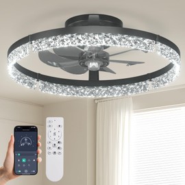 Passky 19.7” Low Profile Ceiling Fan with Lights and Remote, Dimmable LED Flush Mount Fandelier, 6 Speeds, 3000K–6000K, Black Modern Ceiling Fan for Bedroom, Kitchen, Living Room
