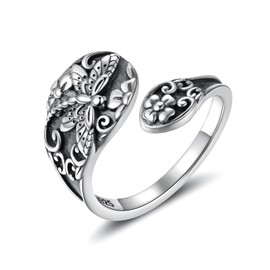 925 Sterling Silver Dragonfly Butterfly Spoon Ring Adjustable Vintage Flower Thumb Antique Boho Style Jewelry Gifts for Women, Sterling Silver, No Gemstone
