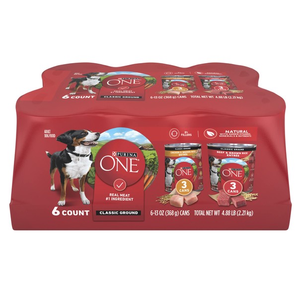 Purina ONE Classic Ground Chicken and Brown Rice, and Beef and Brown Rice Entrees Wet Dog Food Variety Pack - (6) 13 oz. Cans