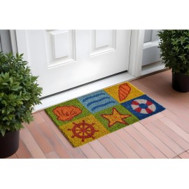 HomeRoots 18" X 30" Orange Yellow Coir Seashells Outdoor Summer Door Mat