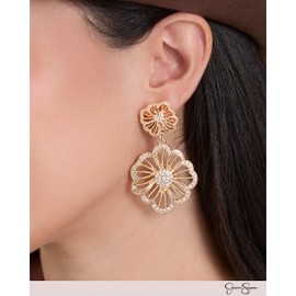 Jessica Simpson Clear Pave Crystal Flower Dangle Earrings for Women, Flower Drop Earrings Gold-Tone