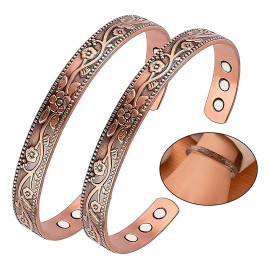 Pack 2 pulseras magnéticas para mujeres y hombres LOMOTOO SZ con flores clásico pulsera de cobre y plata para hombres y mujeres para artritis con 12 piezas de imán de 3500
