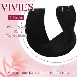 Vivien Black Real Hair Clip-In Remy Hair Extensions Jet Black Clip Real Hair Extensions Short Thick 12 Inches 80 g 5 Pieces