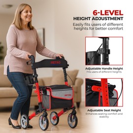 Foldable Rollator Walker with Seat, Adjustable Height Lightweight Rollator with Large Wheels, Folding Rolling Walker, Walker Rollator with Seat (Red, M931)