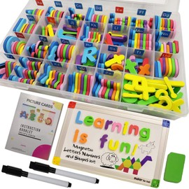 Juego de 291 piezas de imanes ABC con letras magnéticas, números y formas para niños y niños pequeños con almacenamiento, pizarra blanca de dibujo de 