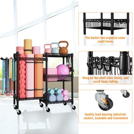 FUTASSI Home Gym Storage, Rolling Yoga Mat Storage and Organizer, Sports Equipment Storage Rack for Yoga Mats, Dumbbells, Kettlebells, Foam Rollers, Resistance Bands, 11.8"D x 36"W x 32.5"H, Black