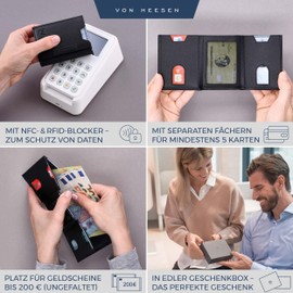 VON HEESEN Slim Wallet with RFID Protection - Card Case for Men and Women - Mini Leather Wallet - Small Wallet - Wallet, Black Saffiano, with coin pocket, With mini coin compartment