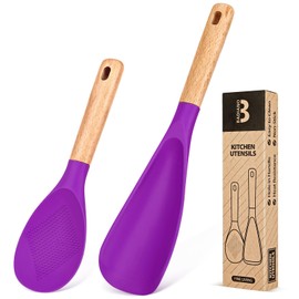 Cooking Spoon and Rice Scooper for Nonstick Cookwares, Great for Cooking and Serving Sturdy BPA-Free Matte Silicone, Wood Handle Spoon for Mixing, Scoop, and Scrape (BERRY)