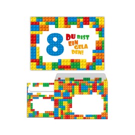 12 Invitation Cards Including 12 Envelopes for Children's 8th Birthday Invitation Eighth Birthday Boys Building Blocks
