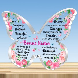 JMIMO Bonus Sister Gifts Inspirational Butterfly Shaped Acrylic Plaque for Bonus Sister Christmas Birthday Gifts Keepsake