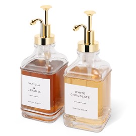 BathAce Coffee Syrup Dispenser for Coffee Bar, Clear Glass Syrup Bottles with Pump, Refillable Maple Syrup Dispenser, Coffee Bar Accessories and Organizer, 500ml, Set of 2 (Gold)