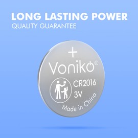 Voniko CR2016 3V Lithium Batteries 10 Pack for Child Safety, Compatible with Remotes, Key Fobs, Glucose Monitors - 7 Years Shelf Life