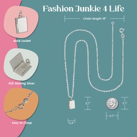 FashionJunkie4Life Sterling Silver Book Locket Photo Picture Pendant Necklace, 18" Cable Chain