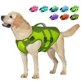 Petglad Dog Life Jacket, Reflective Dog Harness Life Vest with Rescue Handle for Swimming Boating, Adjustable High Buoyancy Flotation Swim Vest for Small Meium Large Dogs - Army Green, M