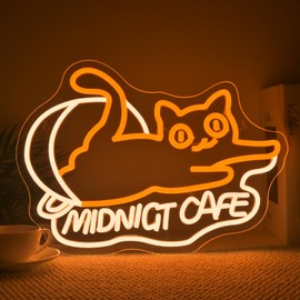 Ineonlife Midnight Cafe Neon Sign Cat Accessories Light Up for Wall Decor Modern Led Sign for coffee shop Small Acrylic Art Decor for dessert shop bakery cafe Decorations 15.35x11.02 inch USB POWER