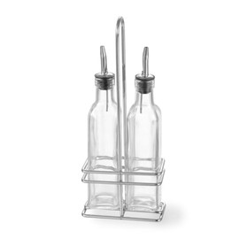 HENDI Menage Essig und Öl, Gestell aus verchromten Stahl, 2 Öl-/Essig Flaschen aus Glas mit Edelstahlausgießer, Gewürzständer, 0,47L, Edelstahl, 2x 237ml