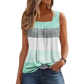 AIMITAG Color Block Ruffled Square Neck Tank Top for Women Striped Pleat Tank Fashion Tee Summer Casual Loose Sleeveless Shirt(Medium,Multicolor1)