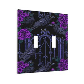 Naiqadnehz Decorative Switch Plates Gothic Style Crow Purple Flowers 2 Gang Double Toggle Wall Plate Outlet Light Switch Cover Electrical Faceplate for Bedroom living Room Decor