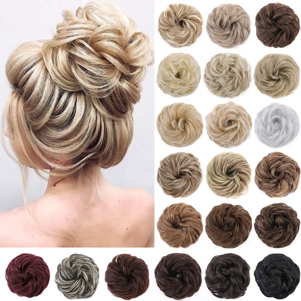 S-noilite 1Pc Messy Bun Hair Piece Wavy Messy Hair Bun Extensions Scrunchies Thick Updo Synthetic Hair Scrunchy Easy Chignon Ponytail Hairpiece for Women Girls Baby Blonde mix Bleach Blonde