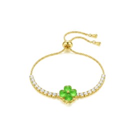 Teppdfann 14K Gold Plated Emerald Rotating Four Leaf Clover and Cubic Zirconia Adjustable Bracelet Dainty Jewelry for Women