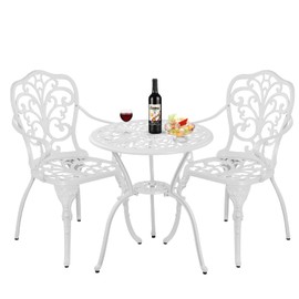 Withniture 3 Piece Outdoor Bistro Table Set, Cast Aluminum Patio Bistro Sets with Umbrella Hole, All Weather Bistro Table and Chairs Set of 2 for Garden Porch (Butterfly Arm, White)