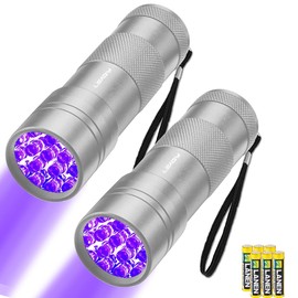 LEAGY 2 Pack 12 LED 395nm Mini UV Flashlights with Batteries - Pet Urine Detector, for Counterfeit Detection, Banknotes, Document Verification etc (Silver)
