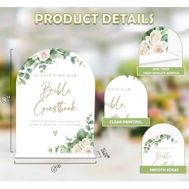 Eucalyptus Rose Bible Guest Book Sign, 6 x 8 Inch White Arch Acrylic Wedding Sign with Holder, Wedding Sign for Ceremony and Reception, Wedding Decoration, Wedding Supplies - AM28