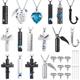 Huquary 16 Pcs Urn Necklace for Ashes Waterproof Stainless Steel Carved Ashes Locket with 8 Filling Kit Heart Cylinder Cross Cubic Fish Hook Jewelry for Ashes with Diamond for Men Women (Light Blue)