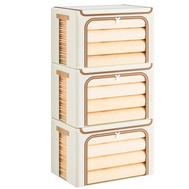 Yecaye Clothes Storage Bins with Metal Frame, Foldable Clothing Storage Bins with Lid, 40L Stackable Storage Bins for Clothes, Oxford Fabric Storage Box With Clear Window＆ Zippers＆ PU Leather Handles