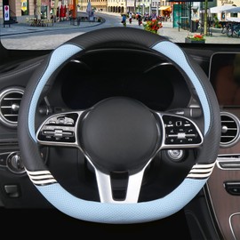 Binsheo Cute Steering Wheel Cover D Shape for Women Men Breathable Universal 15 inch,Black and Blue