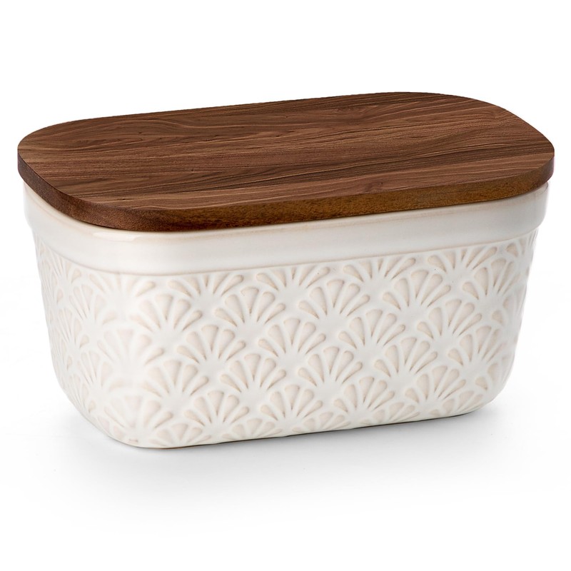 Nucookery Ceramic Butter Dish, Embossed Butter Keeper with Wood Lid