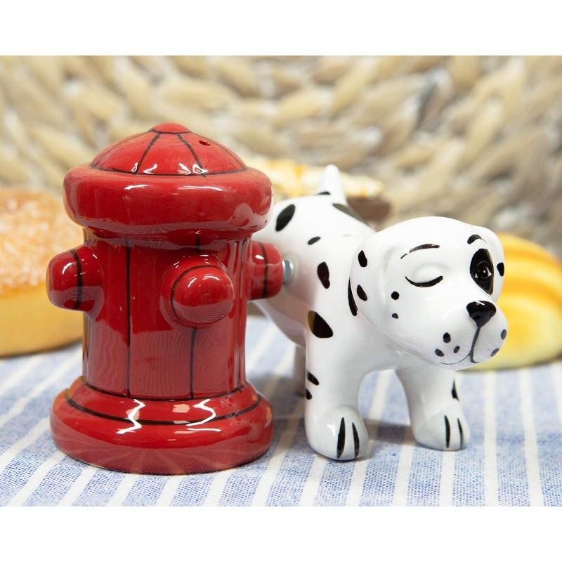 Peeing Dalmatian With Fire Hydrant Ceramic Salt Pepper Shaker Magnetic