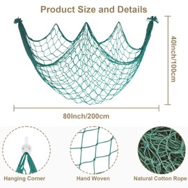 2 Pack Decoractive Fishing Net 80x40 Inch, 3mm Thickness Aqua Natural Cotton Large Picture Wall Hanging Fish Net, Party Decorations Fishnet for Tropical Nautical Pirate Beach Mermaid Themed Party