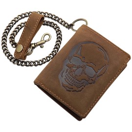 myledershop Real Buffalo Full Leather Vertical Biker Wallet / Purse / Wallet / Purse / Wallet with Metal Chain with Skull Motif or without Motif with RFID & NFC Protection, brown, Modern