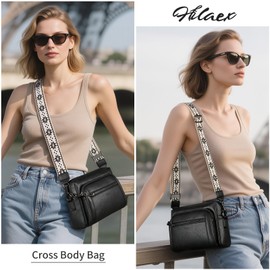 HILAEX Women's Crossbody Bag Leather Shoulder Handbags with Wide Strap Small Anti-thief Purse (Black+gunmetal zipper)