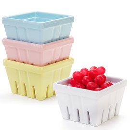 ZEAYEA Set of 4 Melamine Berry Basket, Berry Bowl With Holes, Square Kitchen Fruit Basket for Christmas, 4" Colander Cute Small Container for Strawberry, Grape, Cherry, Berries