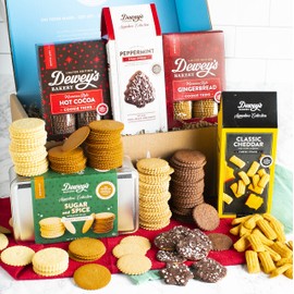 Merry & Bright Gift Basket by Dewey's Bakery | Moravian Cookies and Gift Tin, Chocolate Peppermint Cookies and Cheddar Cheese Straws | Holiday Gift Basket | 5-Piece