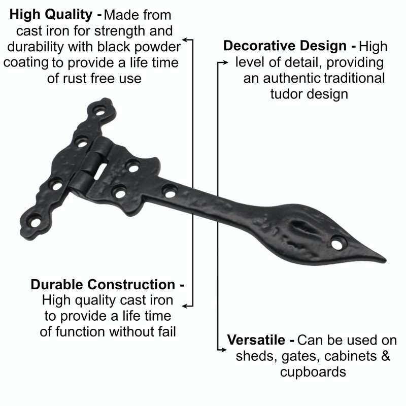 Black Cast Iron Spear Hinges Leaf Design Pair - 6
