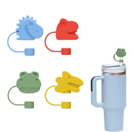4Pcs Cute Dinosaur Pattern Silicone Straw Covers Cap Toppers for Tumbler with Handle 30&40 Oz Cups, 10mm Diameter, Reusable, Holiday Gift
