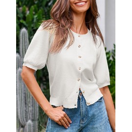 Saodimallsu Womens Puff Short Sleeve Cardigan Lightweight Summer Button Down Shirts Knit Crew Neck Sweater Tops White