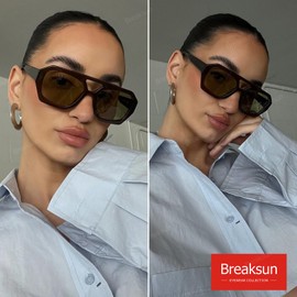Breaksun Retro Aviator Sunglasses for Women Men Trendy 70s Hexagonal Square Double Bridge Vintage Sun Glasses, Dark Brown/Green Yellow, MM